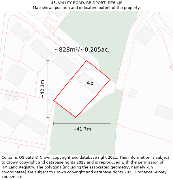 45, VALLEY ROAD, BRIDPORT, DT6 4JS: Plot and title map