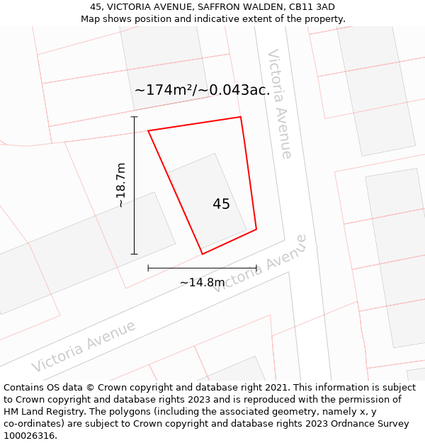 45, VICTORIA AVENUE, SAFFRON WALDEN, CB11 3AD: Plot and title map