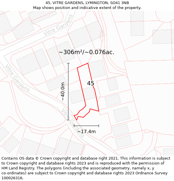 45, VITRE GARDENS, LYMINGTON, SO41 3NB: Plot and title map