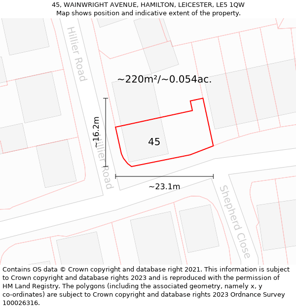 45, WAINWRIGHT AVENUE, HAMILTON, LEICESTER, LE5 1QW: Plot and title map