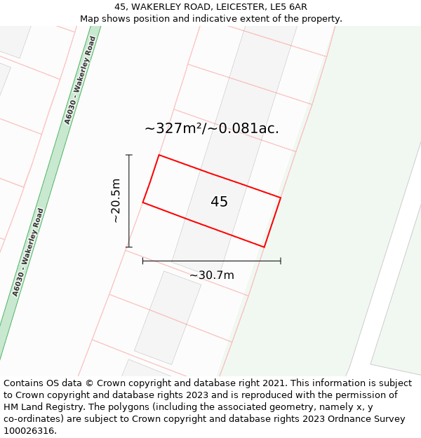 45, WAKERLEY ROAD, LEICESTER, LE5 6AR: Plot and title map