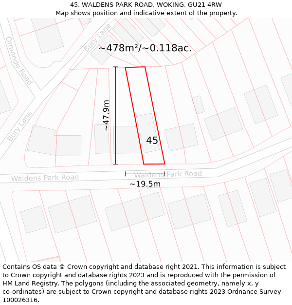 45, WALDENS PARK ROAD, WOKING, GU21 4RW: Plot and title map