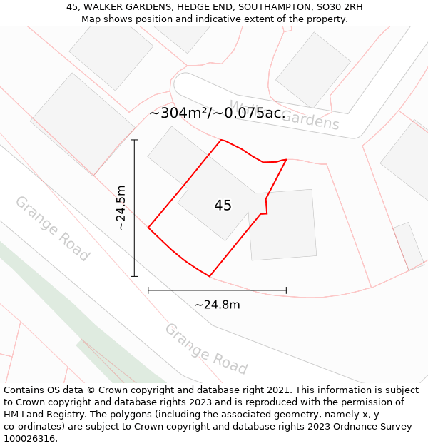 45, WALKER GARDENS, HEDGE END, SOUTHAMPTON, SO30 2RH: Plot and title map