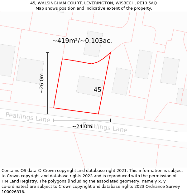 45, WALSINGHAM COURT, LEVERINGTON, WISBECH, PE13 5AQ: Plot and title map