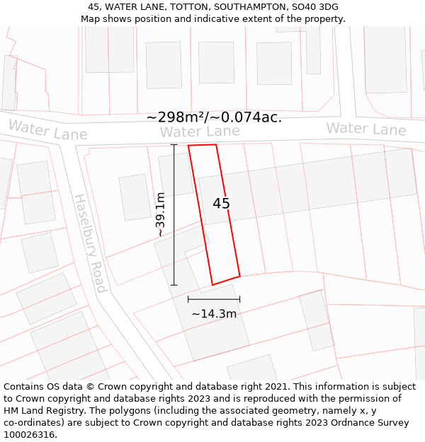 45, WATER LANE, TOTTON, SOUTHAMPTON, SO40 3DG: Plot and title map