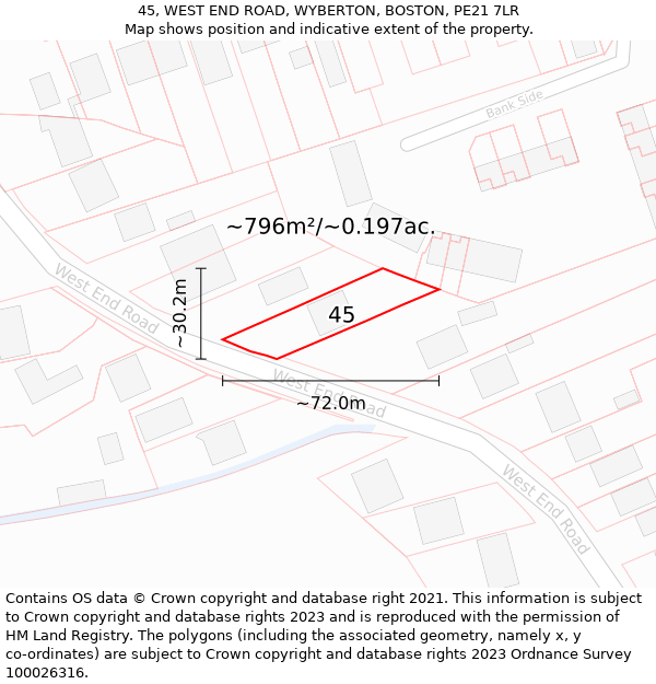 45, WEST END ROAD, WYBERTON, BOSTON, PE21 7LR: Plot and title map