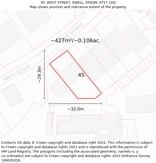 45, WEST STREET, EWELL, EPSOM, KT17 1XD: Plot and title map