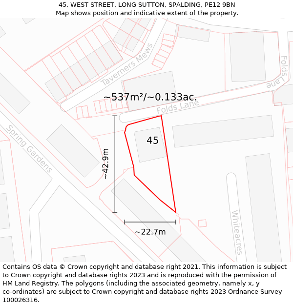 45, WEST STREET, LONG SUTTON, SPALDING, PE12 9BN: Plot and title map