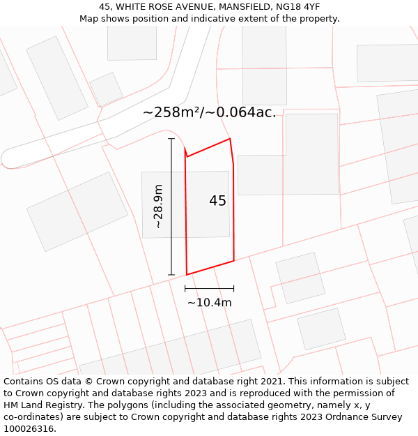 45, WHITE ROSE AVENUE, MANSFIELD, NG18 4YF: Plot and title map