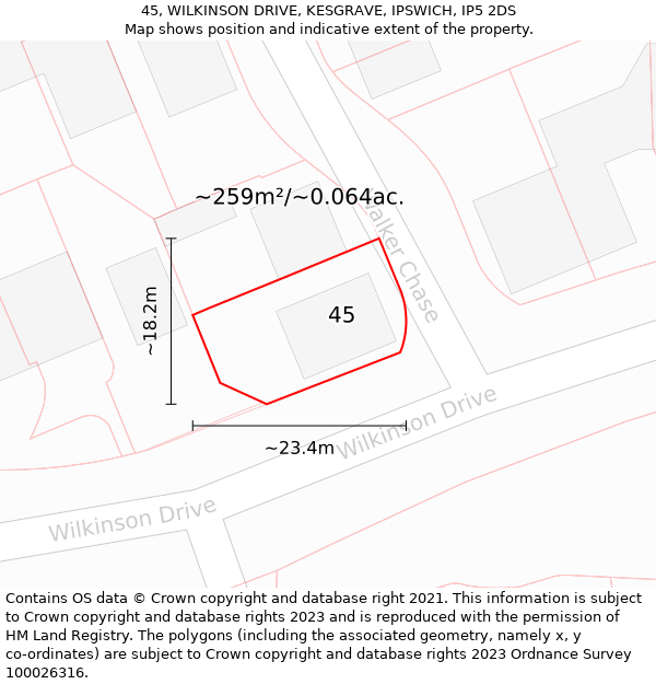 45, WILKINSON DRIVE, KESGRAVE, IPSWICH, IP5 2DS: Plot and title map