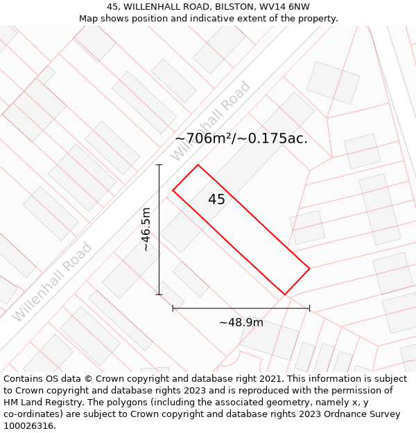 45, WILLENHALL ROAD, BILSTON, WV14 6NW: Plot and title map