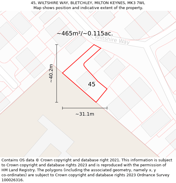 45, WILTSHIRE WAY, BLETCHLEY, MILTON KEYNES, MK3 7WL: Plot and title map