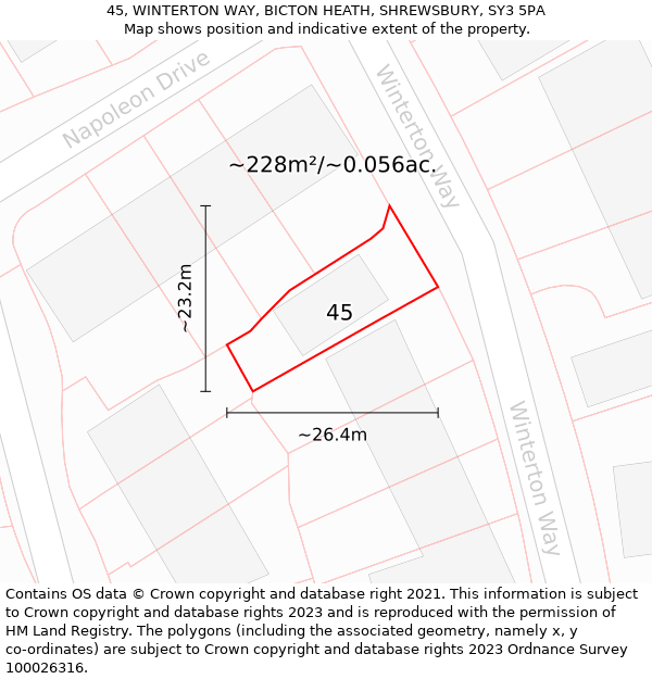 45, WINTERTON WAY, BICTON HEATH, SHREWSBURY, SY3 5PA: Plot and title map