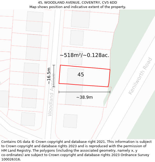 45, WOODLAND AVENUE, COVENTRY, CV5 6DD: Plot and title map