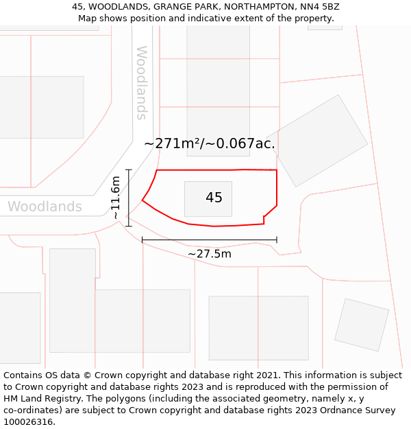 45, WOODLANDS, GRANGE PARK, NORTHAMPTON, NN4 5BZ: Plot and title map
