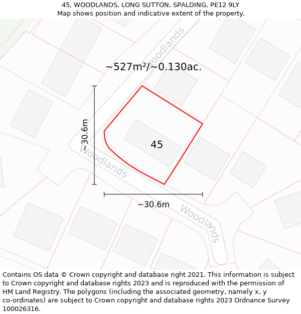 45, WOODLANDS, LONG SUTTON, SPALDING, PE12 9LY: Plot and title map