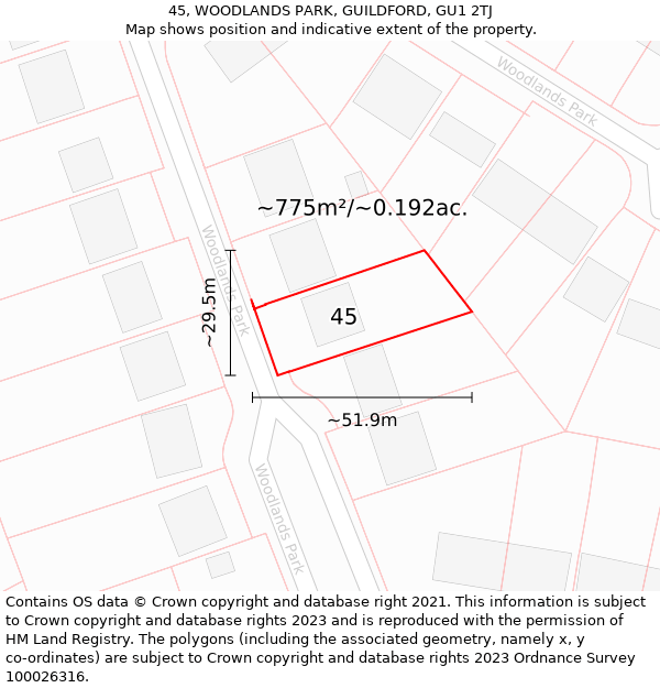 45, WOODLANDS PARK, GUILDFORD, GU1 2TJ: Plot and title map