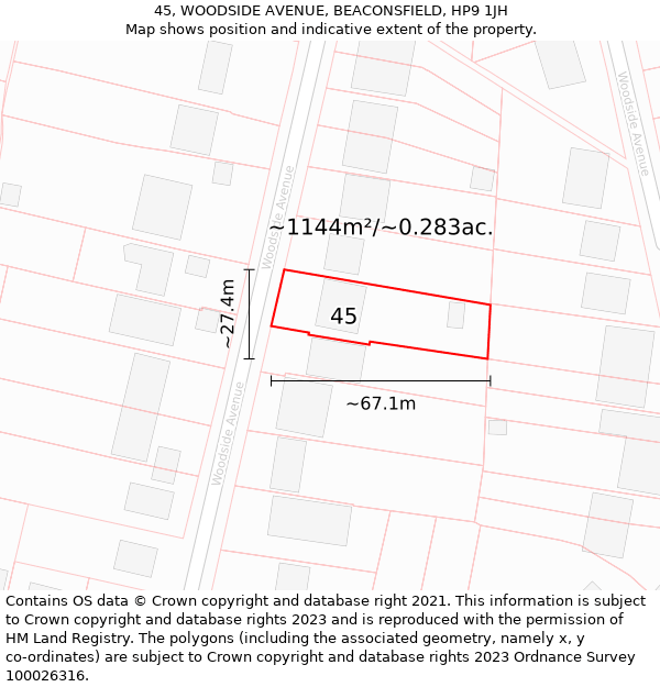 45, WOODSIDE AVENUE, BEACONSFIELD, HP9 1JH: Plot and title map