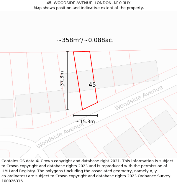 45, WOODSIDE AVENUE, LONDON, N10 3HY: Plot and title map