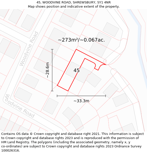 45, WOODVINE ROAD, SHREWSBURY, SY1 4NR: Plot and title map