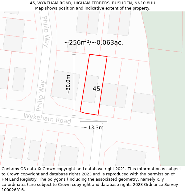 45, WYKEHAM ROAD, HIGHAM FERRERS, RUSHDEN, NN10 8HU: Plot and title map