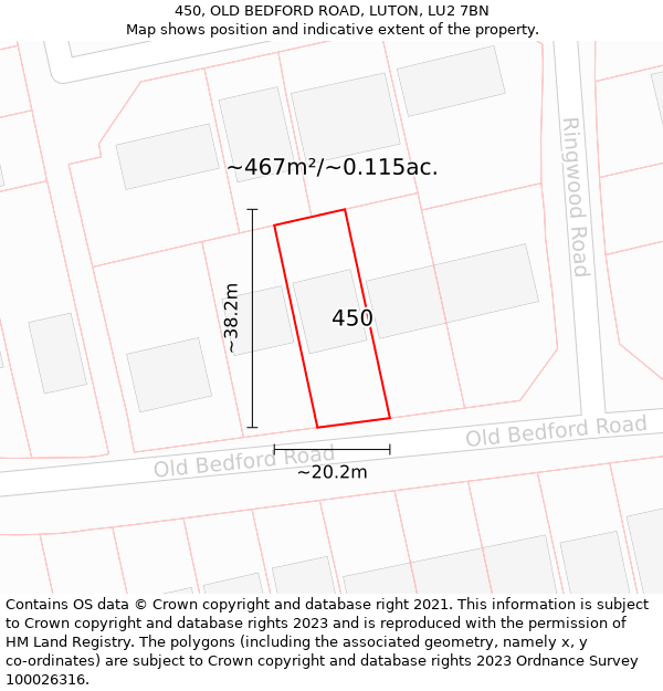 450, OLD BEDFORD ROAD, LUTON, LU2 7BN: Plot and title map
