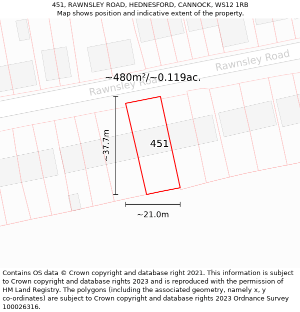 451, RAWNSLEY ROAD, HEDNESFORD, CANNOCK, WS12 1RB: Plot and title map
