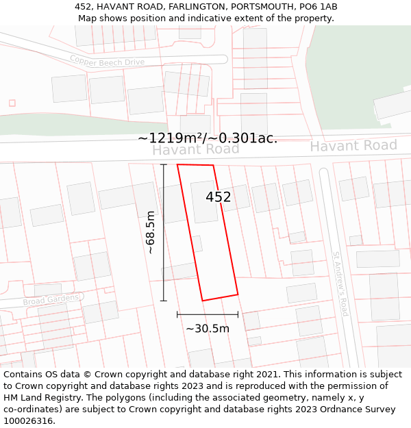 452, HAVANT ROAD, FARLINGTON, PORTSMOUTH, PO6 1AB: Plot and title map