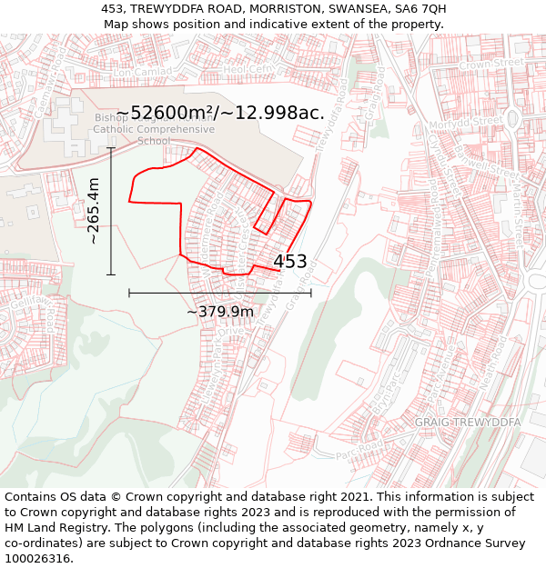 453, TREWYDDFA ROAD, MORRISTON, SWANSEA, SA6 7QH: Plot and title map