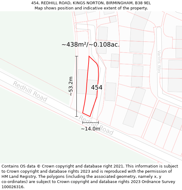 454, REDHILL ROAD, KINGS NORTON, BIRMINGHAM, B38 9EL: Plot and title map