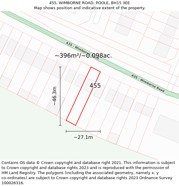 455, WIMBORNE ROAD, POOLE, BH15 3EE: Plot and title map