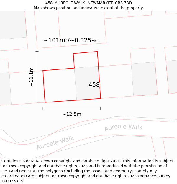 458, AUREOLE WALK, NEWMARKET, CB8 7BD: Plot and title map