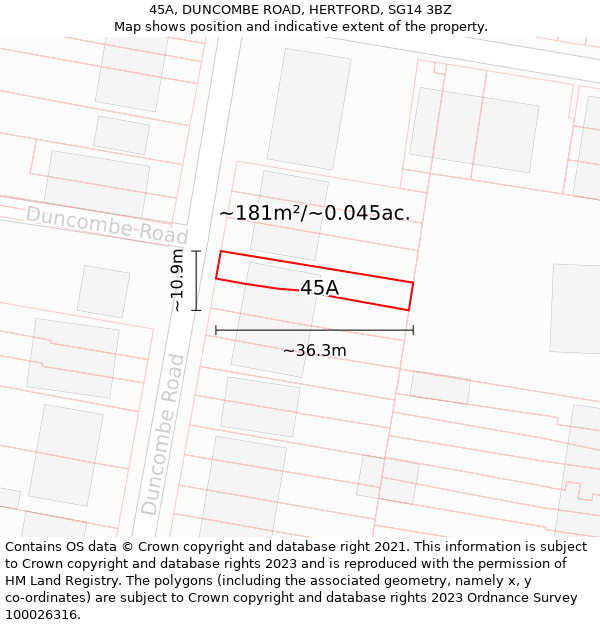 45A, DUNCOMBE ROAD, HERTFORD, SG14 3BZ: Plot and title map