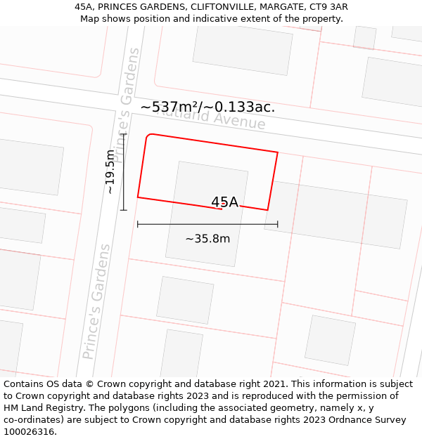 45A, PRINCES GARDENS, CLIFTONVILLE, MARGATE, CT9 3AR: Plot and title map