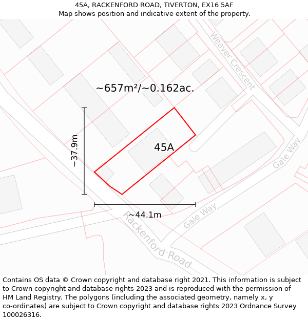 45A, RACKENFORD ROAD, TIVERTON, EX16 5AF: Plot and title map