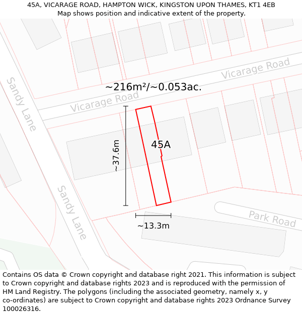 45A, VICARAGE ROAD, HAMPTON WICK, KINGSTON UPON THAMES, KT1 4EB: Plot and title map