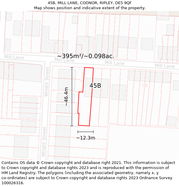 45B, MILL LANE, CODNOR, RIPLEY, DE5 9QF: Plot and title map