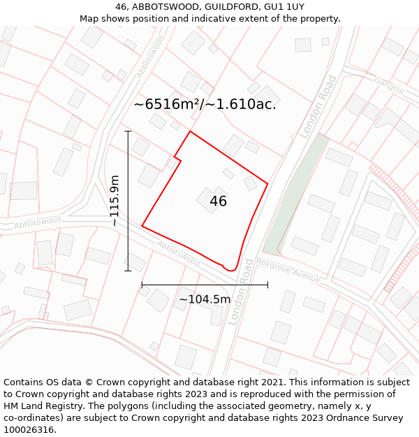 46, ABBOTSWOOD, GUILDFORD, GU1 1UY: Plot and title map