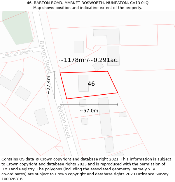 46, BARTON ROAD, MARKET BOSWORTH, NUNEATON, CV13 0LQ: Plot and title map