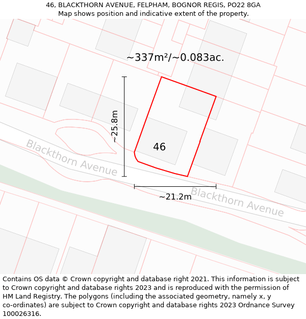 46, BLACKTHORN AVENUE, FELPHAM, BOGNOR REGIS, PO22 8GA: Plot and title map