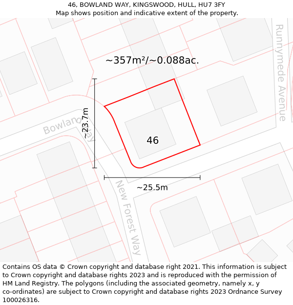 46, BOWLAND WAY, KINGSWOOD, HULL, HU7 3FY: Plot and title map