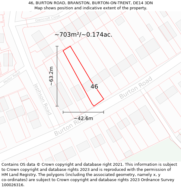 46, BURTON ROAD, BRANSTON, BURTON-ON-TRENT, DE14 3DN: Plot and title map