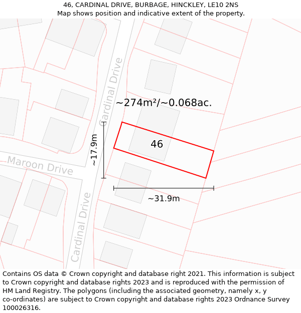 46, CARDINAL DRIVE, BURBAGE, HINCKLEY, LE10 2NS: Plot and title map