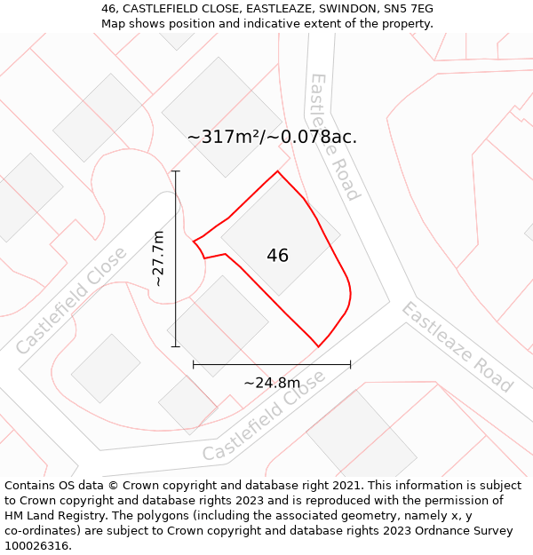 46, CASTLEFIELD CLOSE, EASTLEAZE, SWINDON, SN5 7EG: Plot and title map