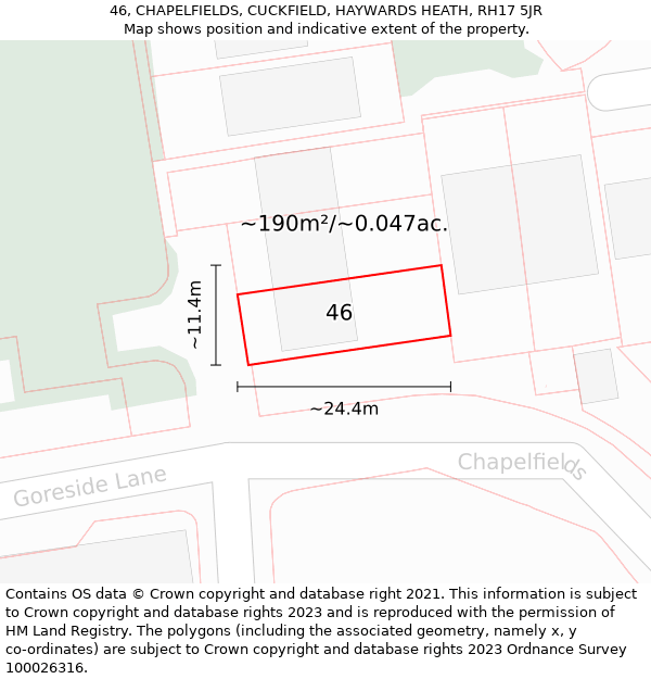 46, CHAPELFIELDS, CUCKFIELD, HAYWARDS HEATH, RH17 5JR: Plot and title map