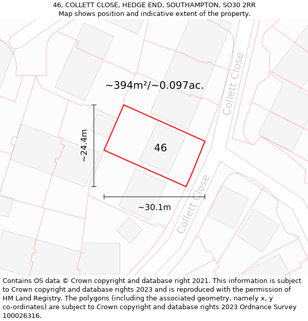 46, COLLETT CLOSE, HEDGE END, SOUTHAMPTON, SO30 2RR: Plot and title map