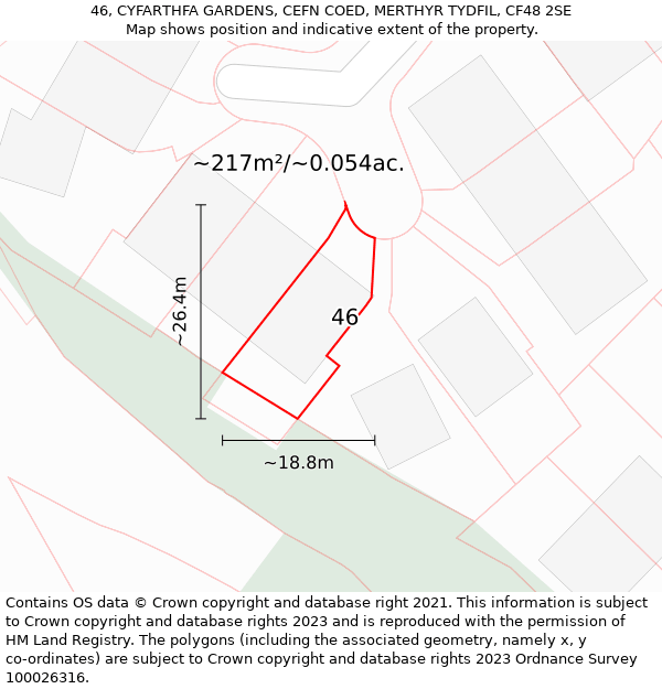 46, CYFARTHFA GARDENS, CEFN COED, MERTHYR TYDFIL, CF48 2SE: Plot and title map