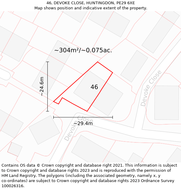 46, DEVOKE CLOSE, HUNTINGDON, PE29 6XE: Plot and title map