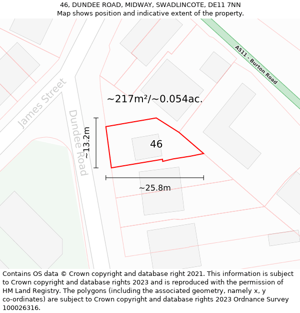 46, DUNDEE ROAD, MIDWAY, SWADLINCOTE, DE11 7NN: Plot and title map