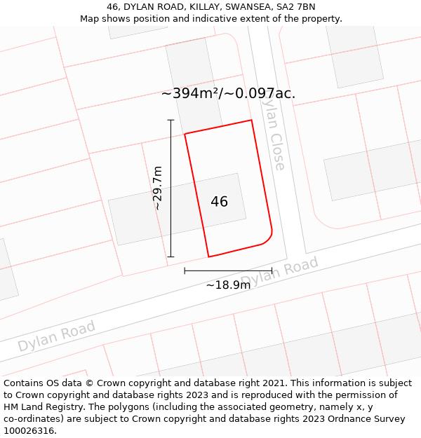 46, DYLAN ROAD, KILLAY, SWANSEA, SA2 7BN: Plot and title map